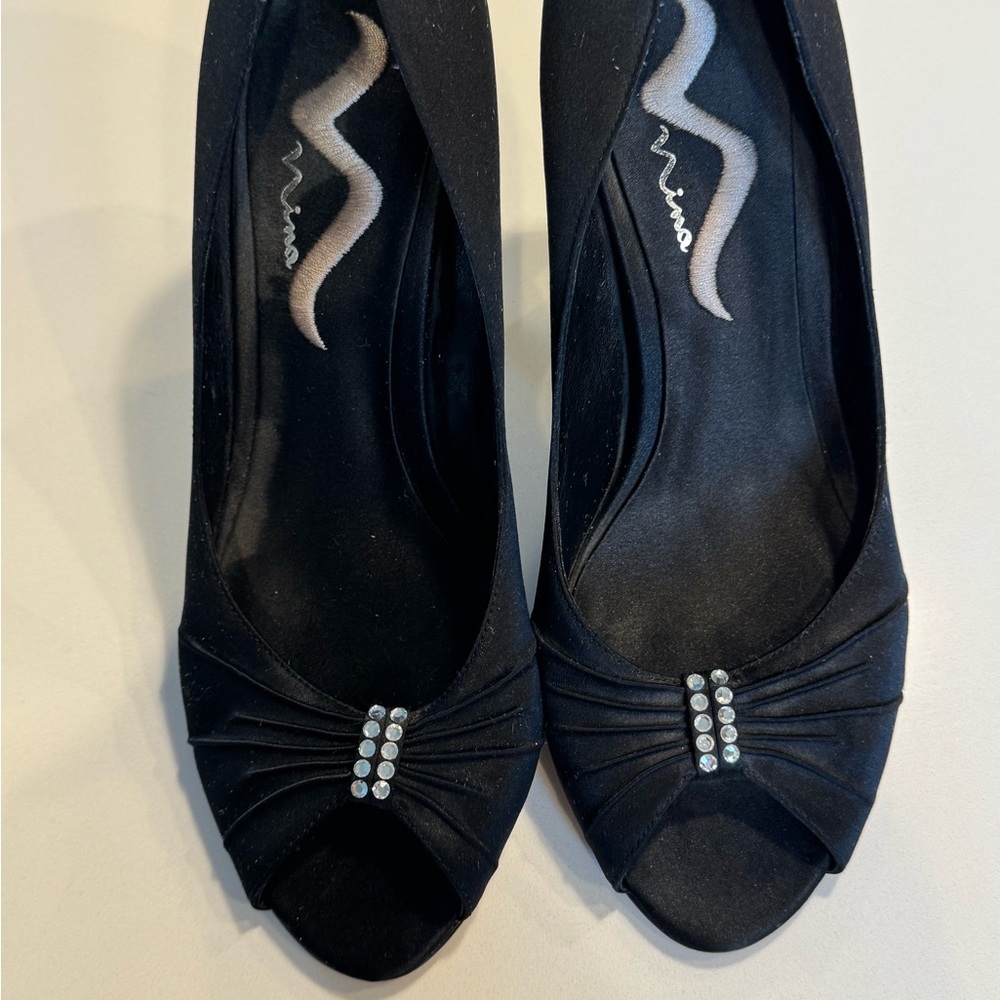 Nina Black Peep-Toe Heels with Rhinestone Detail